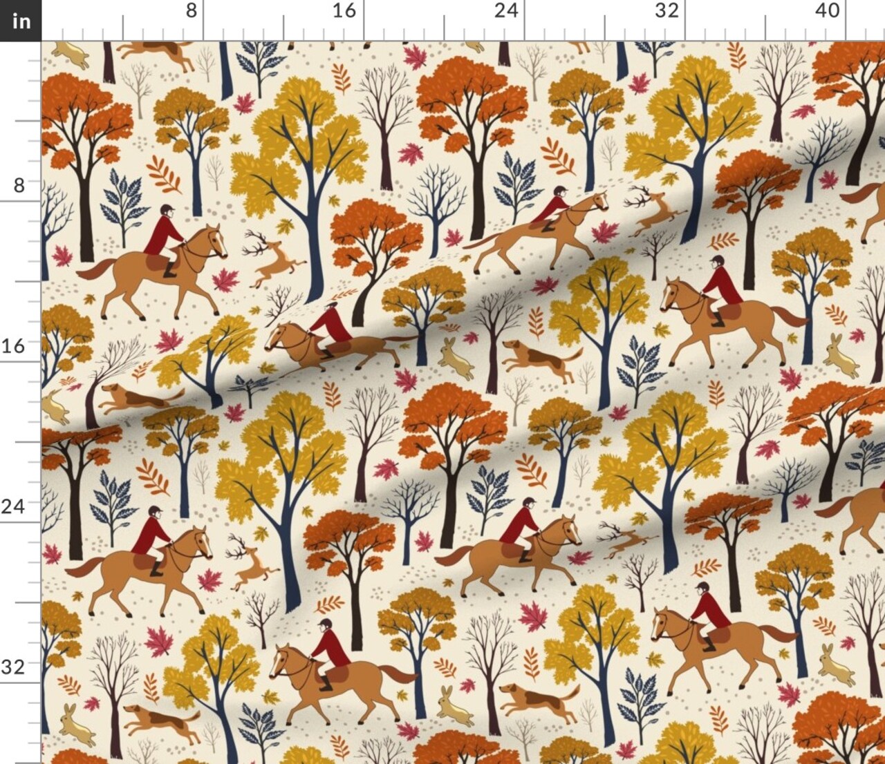 Equestrian Rustic Fox Hunt Horseback Riding Fall Foliage Autumn Woodland Leaves Trees Forest Horses Trail Ride Outdoor Sports Dog Deer Custom Printed Fabric by Spoonflower Various Fabrics by the Yard or Fat Quarter